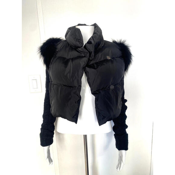 BCBG MaxAzria S Cropped Down Fur Knit Puffer Jacket Black Long Sleeve Women's - Picture 7 of 9